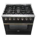 Forno Galiano 4-Piece Appliance Package - 36-Inch Gas Range, 36-Inch Hood, 36-Inch Refrigerator, & 24-Inch Dishwasher in Black with Antique Brass Trim