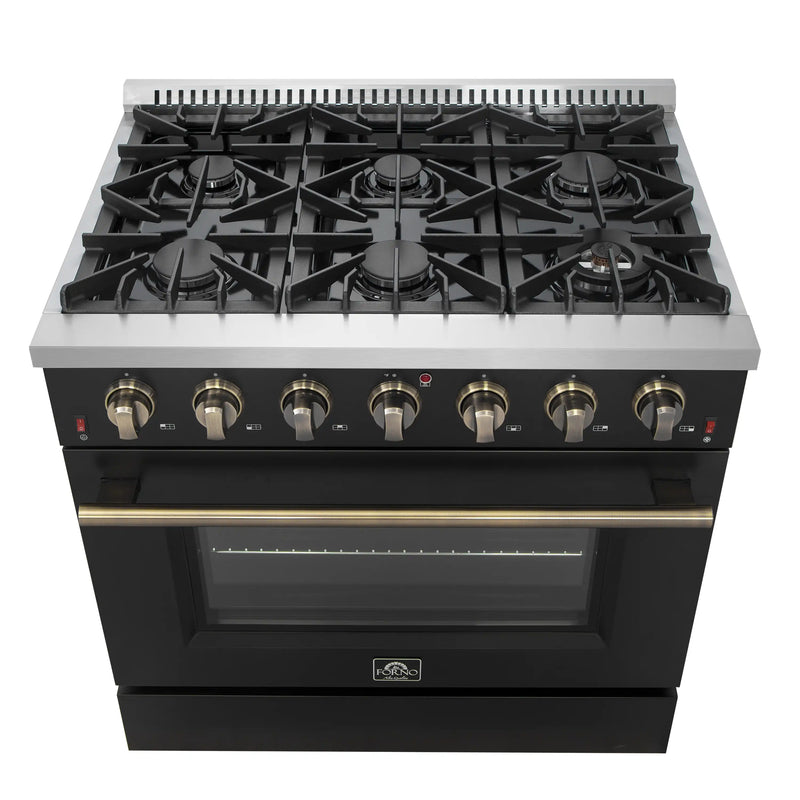 Forno Galiano 36-Inch Gas Range with 6 Burners and 5.36 Cu.Ft. Convection Oven in Black with Antique Brass Trim (FFSGS6244-36BLK)