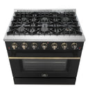 Forno 4-Piece Appliance Package - 36-Inch Gas Range, 60-Inch Convertible Refrigerator with Modern Trim, Dishwasher, and 30-Inch Microwave Drawer in Black with Antique Brass Handle