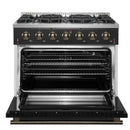 Forno Galiano 4-Piece Appliance Package - 36-Inch Gas Range, 36-Inch Hood, 36-Inch Refrigerator, & 24-Inch Dishwasher in Black with Antique Brass Trim