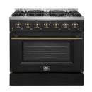 Forno Galiano 5-Piece Appliance Package - 36-Inch Gas Range, 36-Inch Hood, 36-Inch Refrigerator, 24-Inch Dishwasher, & 24-Inch Microwave Drawer in Black with Antique Brass Trim