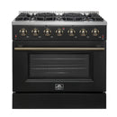 Forno Galiano 5-Piece Appliance Package - 36-Inch Gas Range, 36-Inch Hood, 36-Inch Refrigerator, 24-Inch Dishwasher, & 30-Inch Microwave Oven in Black with Antique Brass Trim