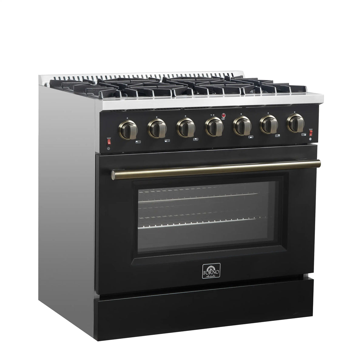 Black gas range with brass-trim knobs, oven window, and top burner grate