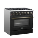 Forno Galiano 5-Piece Appliance Package - 36-Inch Gas Range, 36-Inch Hood, 36-Inch Refrigerator, 24-Inch Dishwasher, & 24-Inch Microwave Drawer in Black with Antique Brass Trim