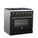 Forno 4-Piece Appliance Package - 36-Inch Gas Range, 60-Inch Convertible Refrigerator with Modern Trim, Dishwasher, and 30-Inch Microwave Oven in Black with Antique Brass Handle