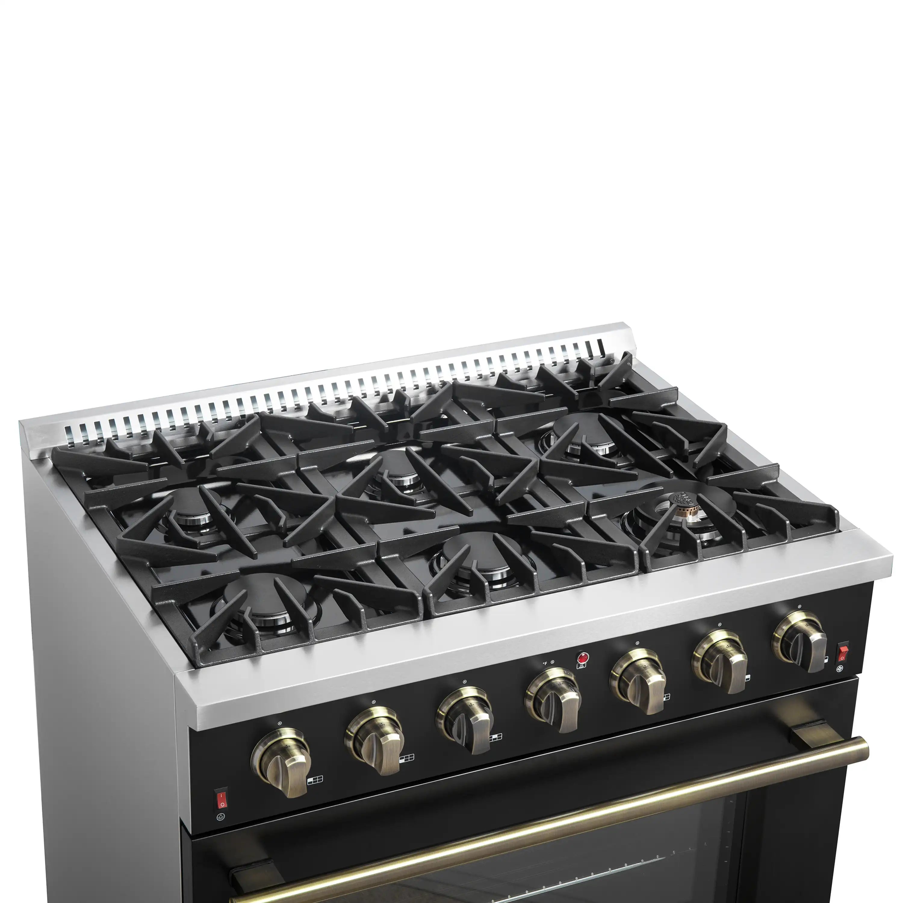 Black gas range top view with six burners and brass-tone control knobs