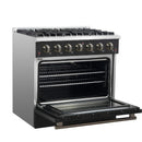 Forno Galiano 4-Piece Appliance Package - 36-Inch Gas Range, 36-Inch Hood, 36-Inch Refrigerator, & 24-Inch Dishwasher in Black with Antique Brass Trim