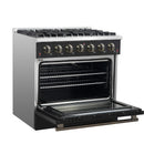 Forno 4-Piece Appliance Package - 36-Inch Gas Range, 60-Inch Convertible Refrigerator with Modern Trim, Dishwasher, and 24-Inch Microwave Oven in Black with Antique Brass Handle