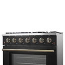 Forno Galiano 5-Piece Appliance Package - 36-Inch Gas Range, 36-Inch Hood, 36-Inch Refrigerator, 24-Inch Dishwasher, & 24-Inch Microwave Drawer in Black with Antique Brass Trim