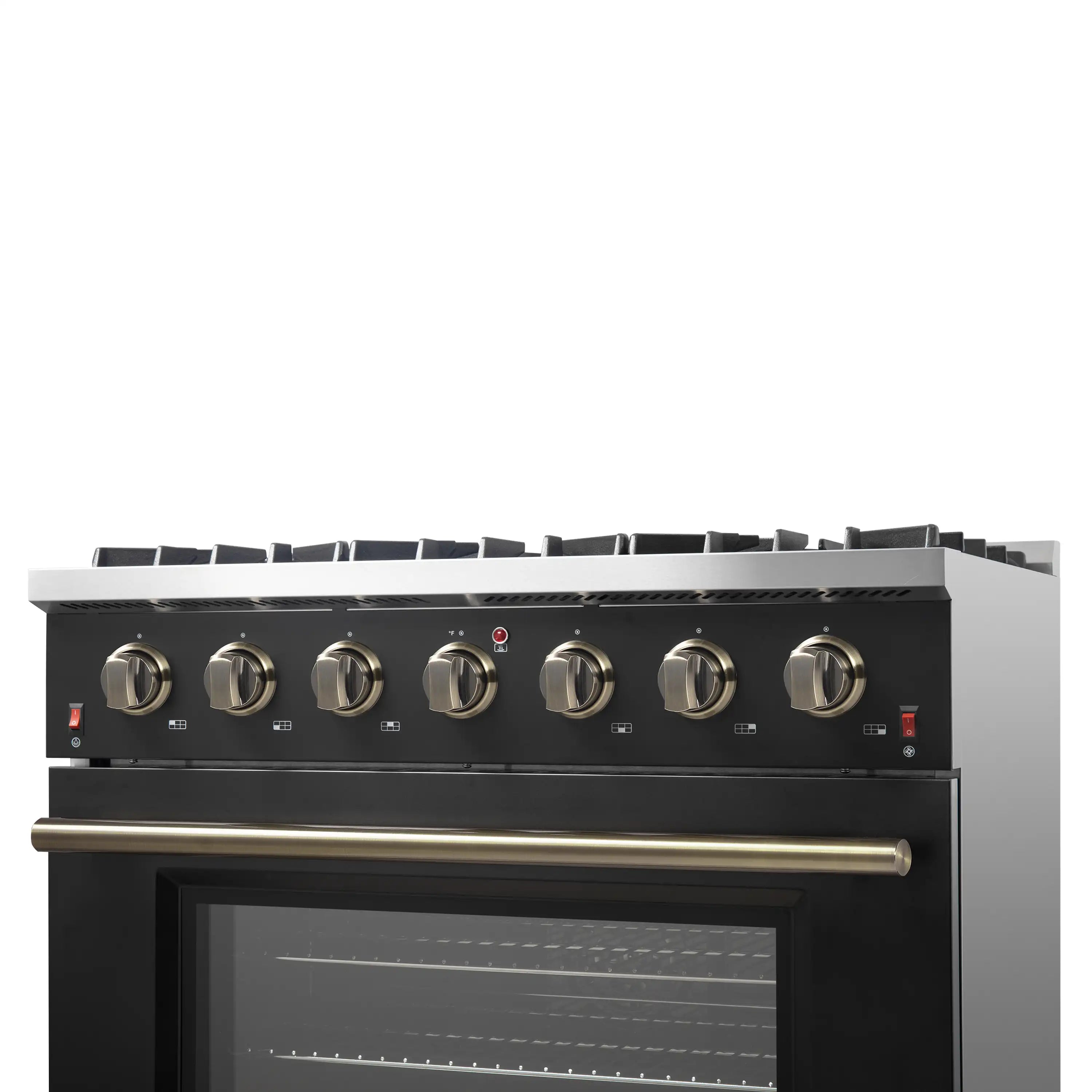 Black gas range with six brass knobs and oven door with viewing window