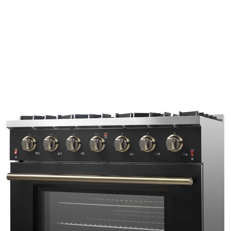 Forno Galiano 5-Piece Appliance Package - 36-Inch Gas Range, 36-Inch Hood, 36-Inch Refrigerator, 24-Inch Dishwasher, & 24-Inch Microwave Drawer in Black with Antique Brass Trim