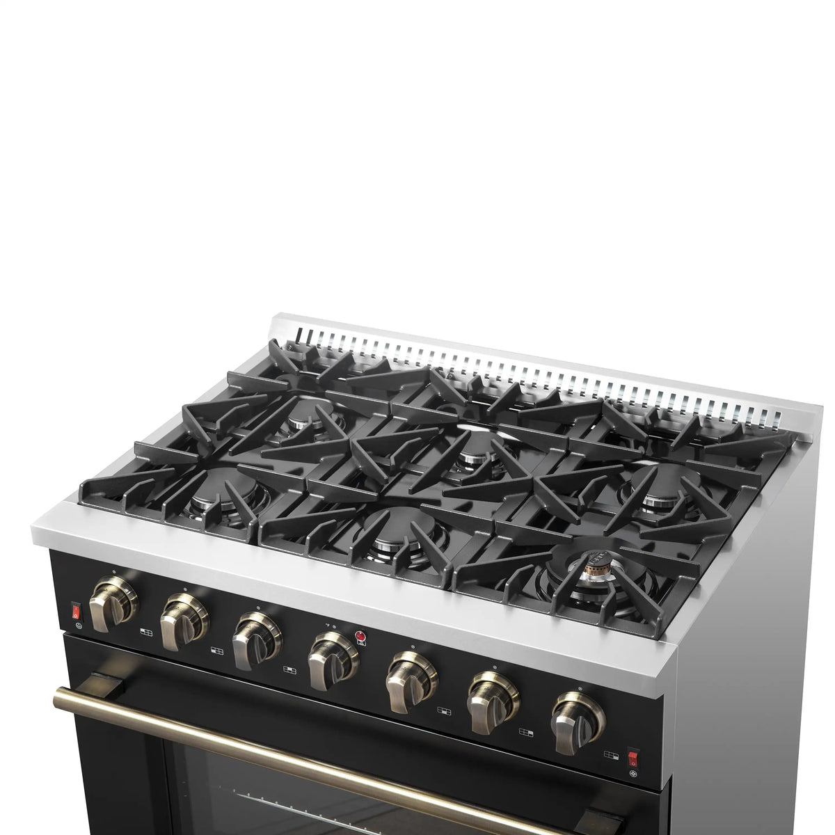 Black gas range top view with six burners and brass-trim control panel below