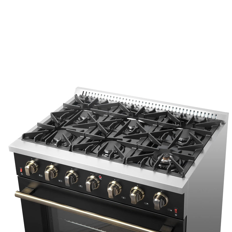 Forno Galiano 5-Piece Appliance Package - 36-Inch Gas Range, 36-Inch Hood, 36-Inch Refrigerator, 24-Inch Dishwasher, & 24-Inch Microwave Drawer in Black with Antique Brass Trim