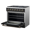 Forno Galiano 5-Piece Appliance Package - 36-Inch Gas Range, 36-Inch Hood, 36-Inch Refrigerator, 24-Inch Dishwasher, & 24-Inch Microwave Oven in Black with Antique Brass Trim
