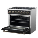 Forno Galiano 4-Piece Appliance Package - 36-Inch Gas Range, 36-Inch Hood, 36-Inch Refrigerator, & 24-Inch Dishwasher in Black with Antique Brass Trim