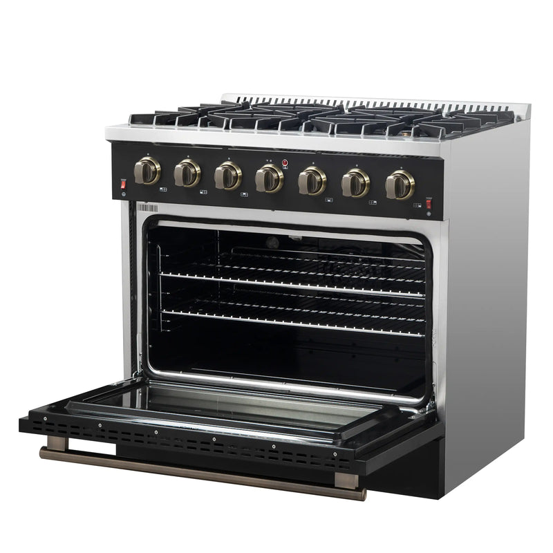 Forno Galiano 5-Piece Appliance Package - 36-Inch Gas Range, 36-Inch Hood, 36-Inch Refrigerator, 24-Inch Dishwasher, & 24-Inch Microwave Drawer in Black with Antique Brass Trim