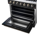 Forno 4-Piece Appliance Package - 36-Inch Gas Range, 60-Inch Convertible Refrigerator with Modern Trim, Dishwasher, and 24-Inch Microwave Oven in Black with Antique Brass Handle