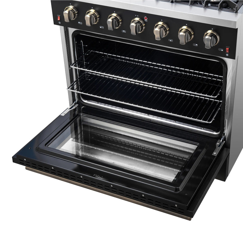 Forno Galiano 5-Piece Appliance Package - 36-Inch Gas Range, 36-Inch Hood, 36-Inch Refrigerator, 24-Inch Dishwasher, & 24-Inch Microwave Drawer in Black with Antique Brass Trim
