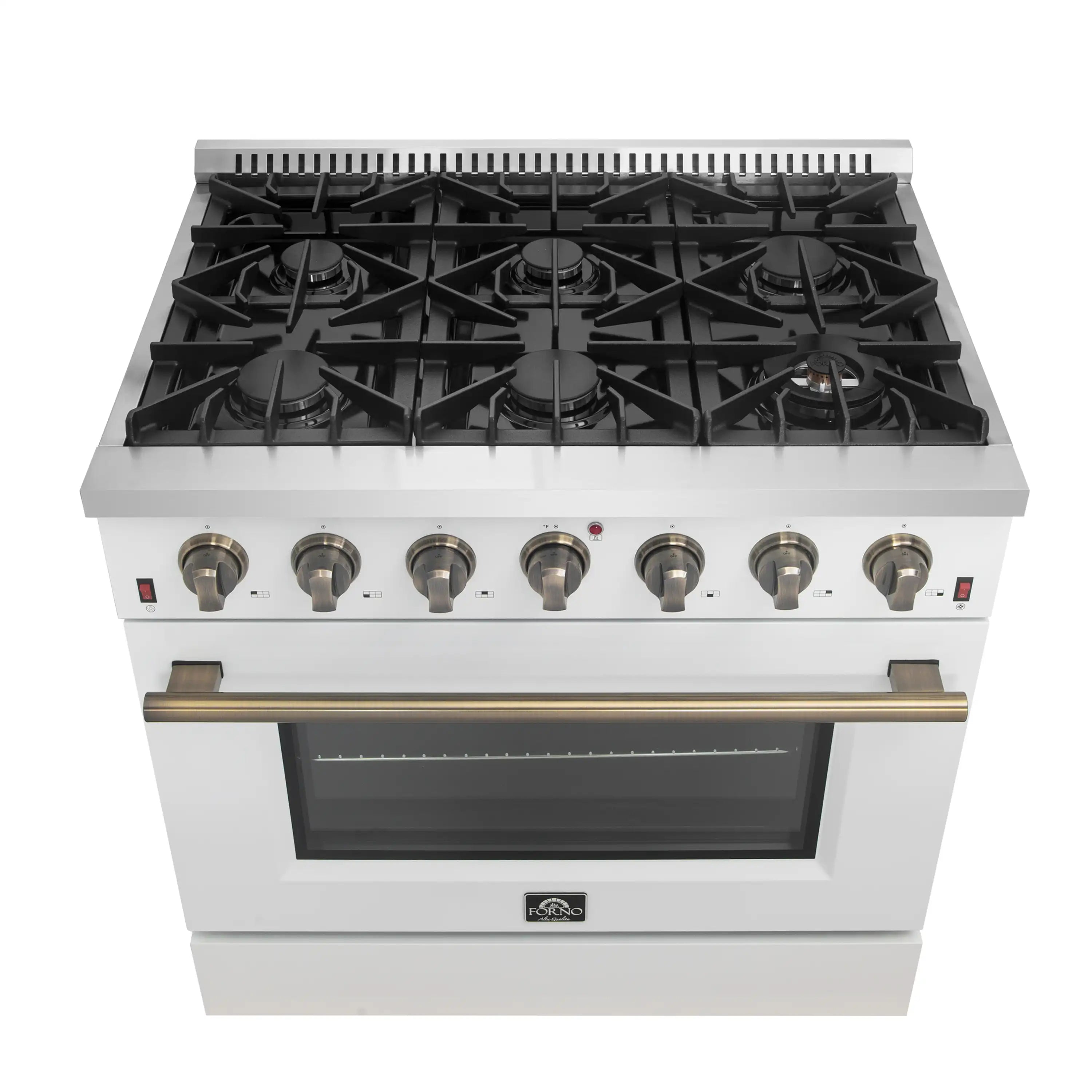 White gas range with black burner grates and brass control knobs