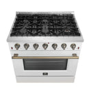 Forno 4-Piece Appliance Package - 36-Inch Gas Range, Wall Mount Range Hood, 60-Inch Refrigerator, Dishwasher in White with Antique Brass Handle