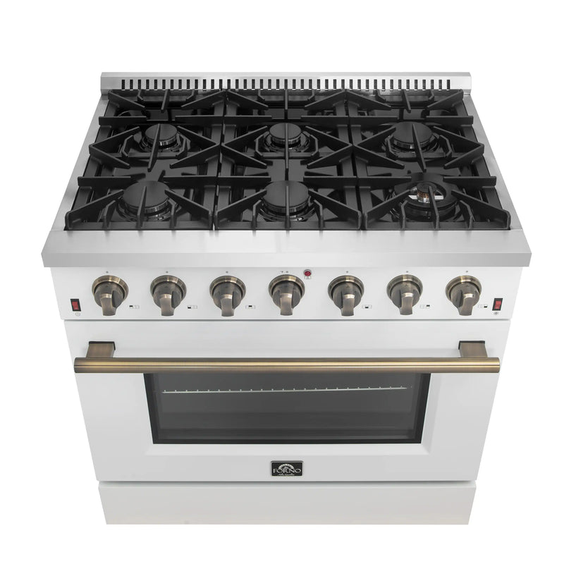 Forno Galiano 4-Piece Appliance Package - 36-Inch Gas Range, 36-Inch Hood, 36-Inch Refrigerator, & 24-Inch Dishwasher in White with Antique Brass Trim