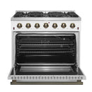 Forno Galiano 5-Piece Appliance Package - 36-Inch Gas Range, 36-Inch Hood, 36-Inch Refrigerator, 24-Inch Dishwasher, & 30-Inch Microwave Drawer in White with Antique Brass Trim