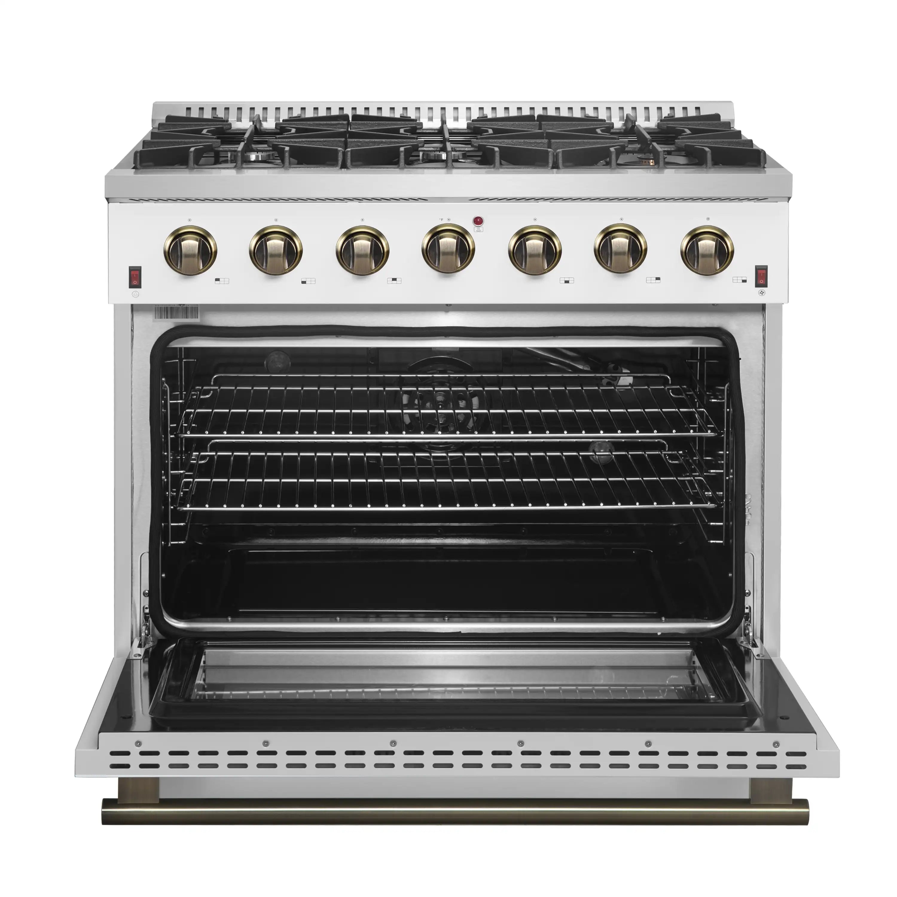 White gas range with open oven door, racks and black interior, brass trim