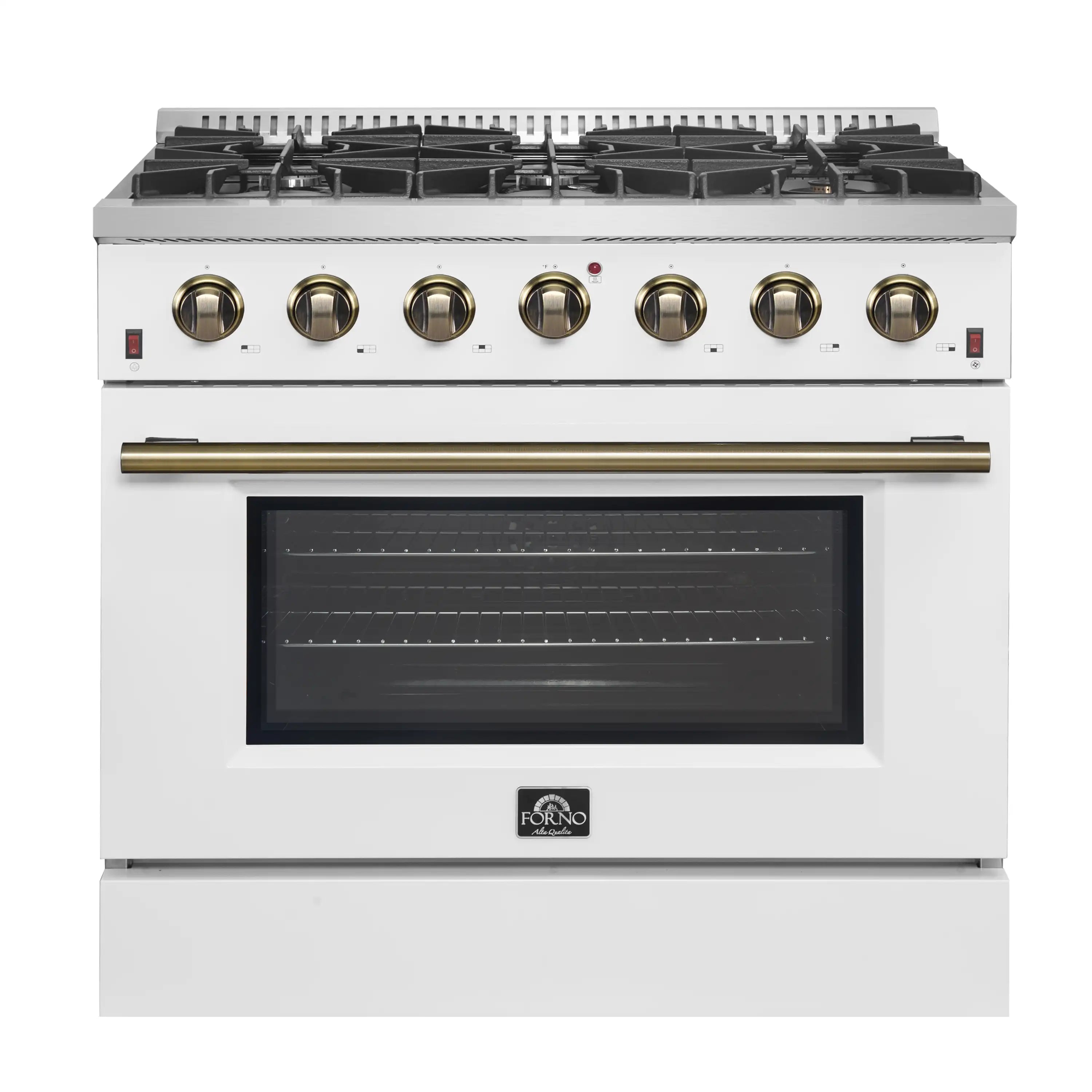 White 36-inch gas range with antique brass knobs and black glass oven door