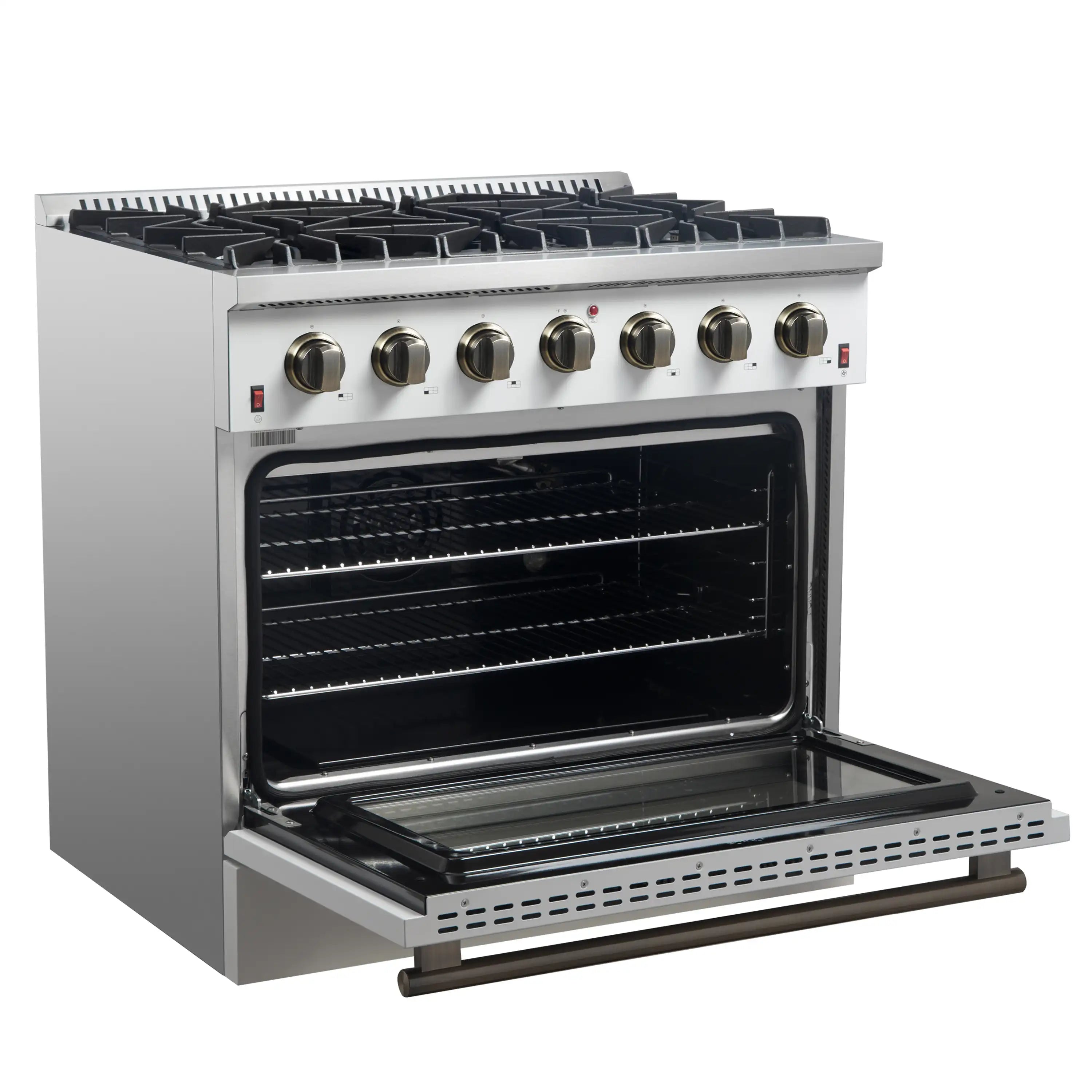 White gas range with oven door open, black interior racks, and antique brass control knobs