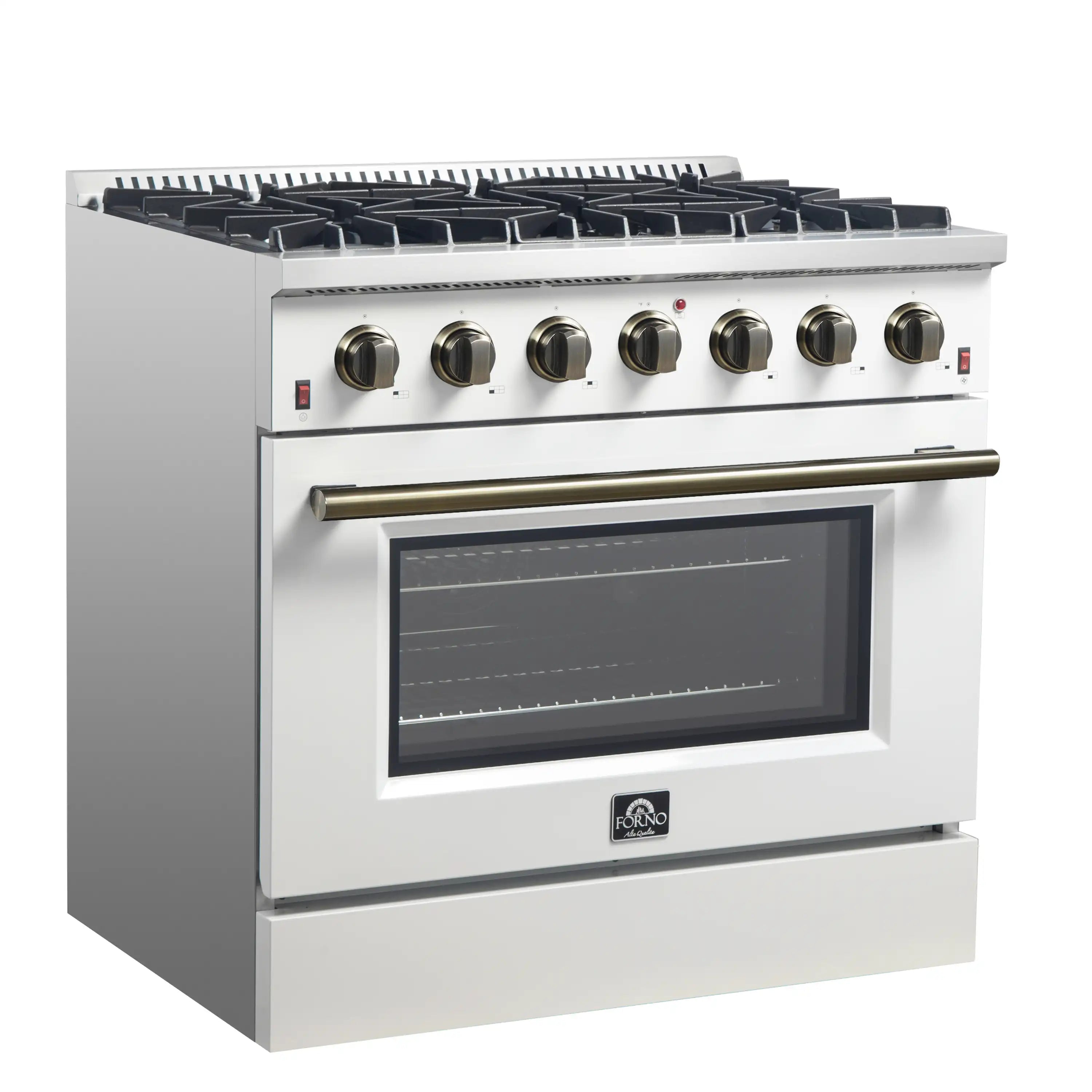 White gas range with black cooktop grates, brass knobs, and oven door window