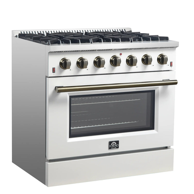 Forno Galiano 3-Piece Appliance Package - 36-Inch Gas Range, 36-Inch Refrigerator, & 24-Inch Dishwasher in White with Antique Brass Trim