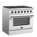 Forno 5-Piece Appliance Package - 36-Inch Galiano Gas Range, Wall Mount Range Hood, 60-Inch Refrigerator, Dishwasher, & 24-Inch Microwave Drawer in White with Antique Brass Handle