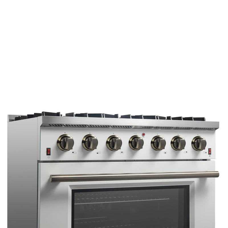 Forno Galiano 5-Piece Appliance Package - 36-Inch Gas Range, 36-Inch Hood, 36-Inch Refrigerator, 24-Inch Dishwasher, & 30-Inch Microwave Oven in White with Antique Brass Trim