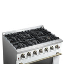 Forno Galiano 5-Piece Appliance Package - 36-Inch Gas Range, 36-Inch Hood, 36-Inch Refrigerator, 24-Inch Dishwasher, & 30-Inch Microwave Drawer in White with Antique Brass Trim