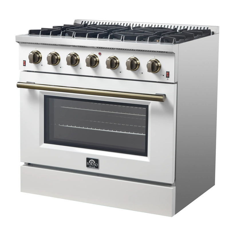 Forno Galiano 5-Piece Appliance Package - 36-Inch Gas Range, 36-Inch Hood, 36-Inch Refrigerator, 24-Inch Dishwasher, & 30-Inch Microwave Drawer in White with Antique Brass Trim