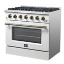 Forno 4-Piece Appliance Package - 36-Inch Gas Range, 60-Inch Refrigerator, Dishwasher, & 30-Inch Microwave Oven in White with Antique Brass Handle