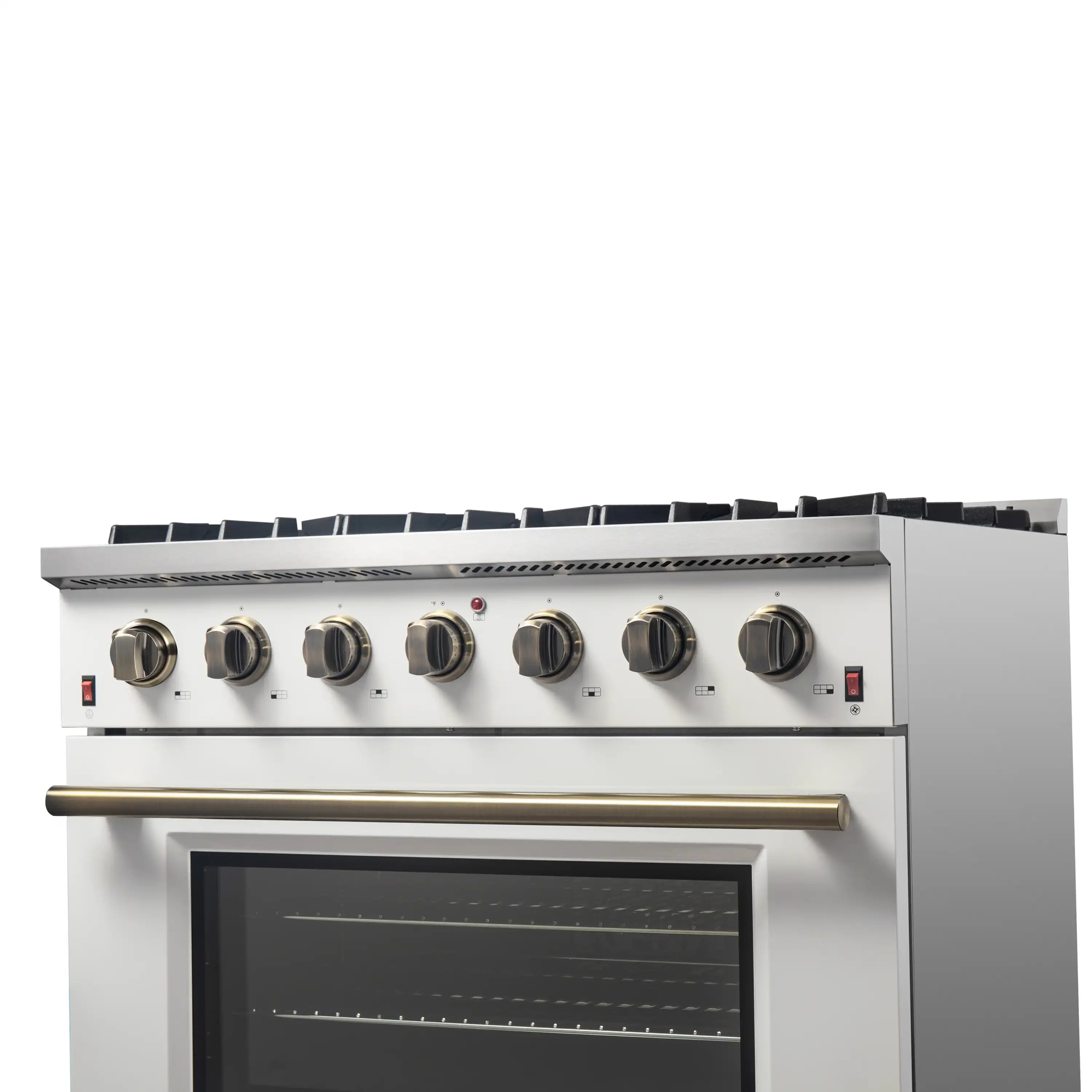 White gas range with brass burner knobs and oven door window