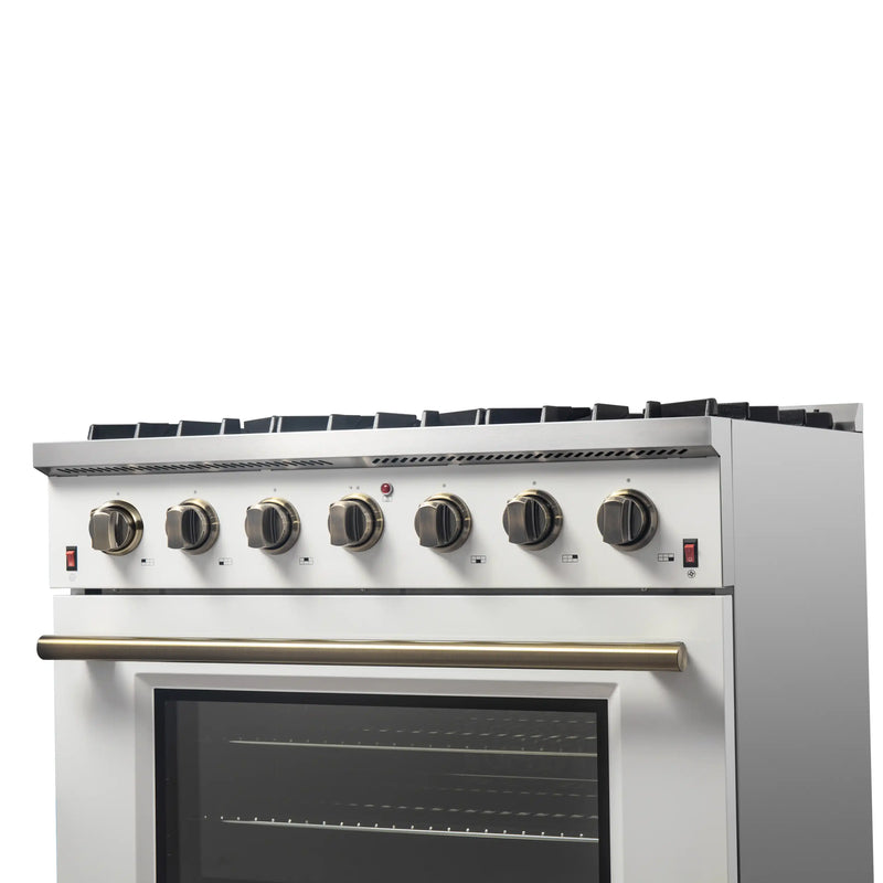 Forno Galiano 5-Piece Appliance Package - 36-Inch Gas Range, 36-Inch Hood, 36-Inch Refrigerator, 24-Inch Dishwasher, & 30-Inch Microwave Oven in White with Antique Brass Trim