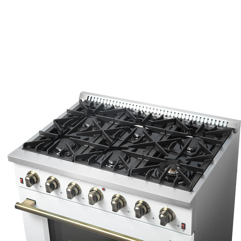 Forno Galiano 5-Piece Appliance Package - 36-Inch Gas Range, 36-Inch Hood, 36-Inch Refrigerator, 24-Inch Dishwasher, & 30-Inch Microwave Oven in White with Antique Brass Trim