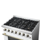 Forno Galiano 5-Piece Appliance Package - 36-Inch Gas Range, 36-Inch Hood, 36-Inch Refrigerator, 24-Inch Dishwasher, & 24-Inch Microwave Oven in White with Antique Brass Trim