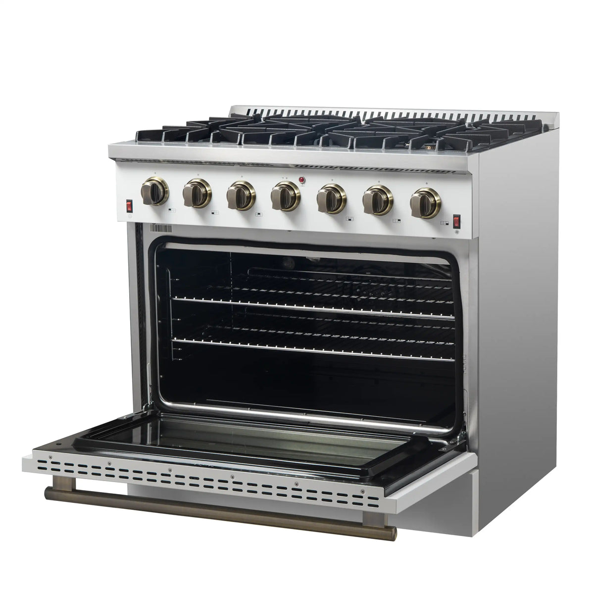 White 36-inch gas range with open oven door and brass control knobs