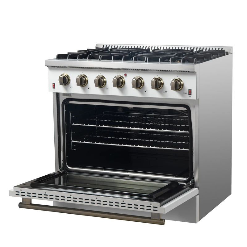 Forno Galiano 4-Piece Appliance Package - 36-Inch Gas Range, 36-Inch Hood, 36-Inch Refrigerator, & 24-Inch Dishwasher in White with Antique Brass Trim