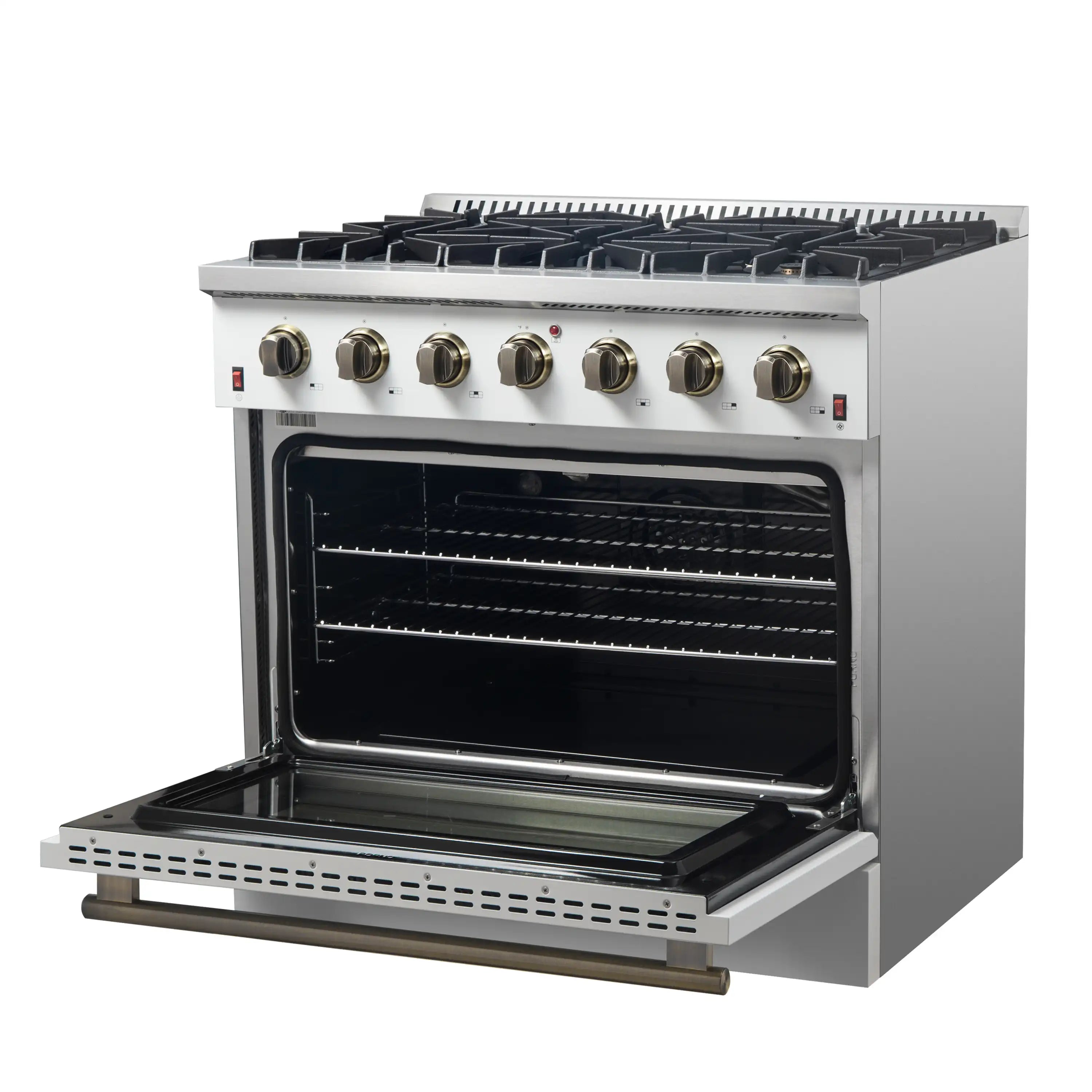 White gas range open oven door with racks and brass control panel knobs