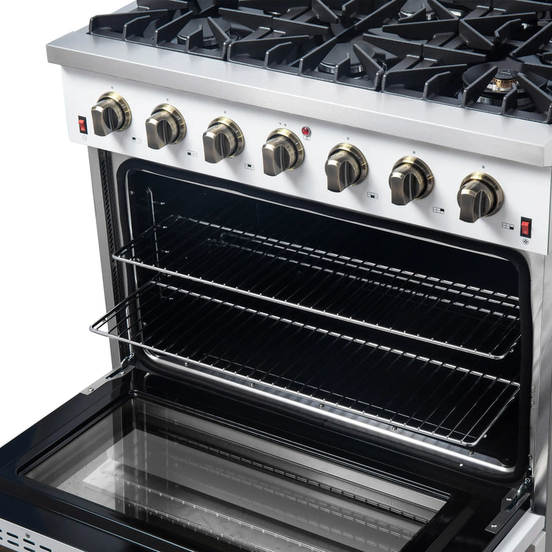 Forno Galiano 5-Piece Appliance Package - 36-Inch Gas Range, 36-Inch Hood, 36-Inch Refrigerator, 24-Inch Dishwasher, & 30-Inch Microwave Oven in White with Antique Brass Trim