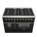 Forno Galiano 3-Piece Appliance Package - 48-Inch Gas Range, 36-Inch Refrigerator, & 24-Inch Dishwasher in Black with Antique Brass Trim