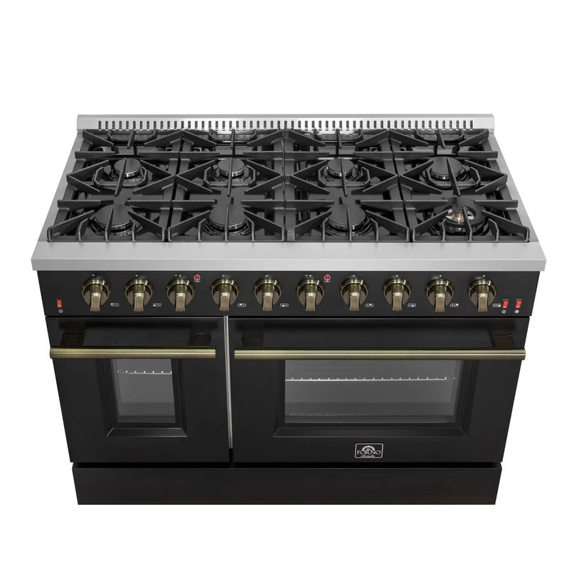 Forno Galiano 48-Inch Gas Range with 8 Burners and  6.58 Cu.Ft. Double Convection Oven in Black with Antique Brass Trim (FFSGS6244-48BLK)