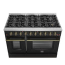 Forno Galiano 5-Piece Appliance Package - 48-Inch Gas Range, 48-Inch Hood, 36-Inch Refrigerator, 24-Inch Dishwasher, & 24-Inch Microwave Oven in Black with Antique Brass Trim