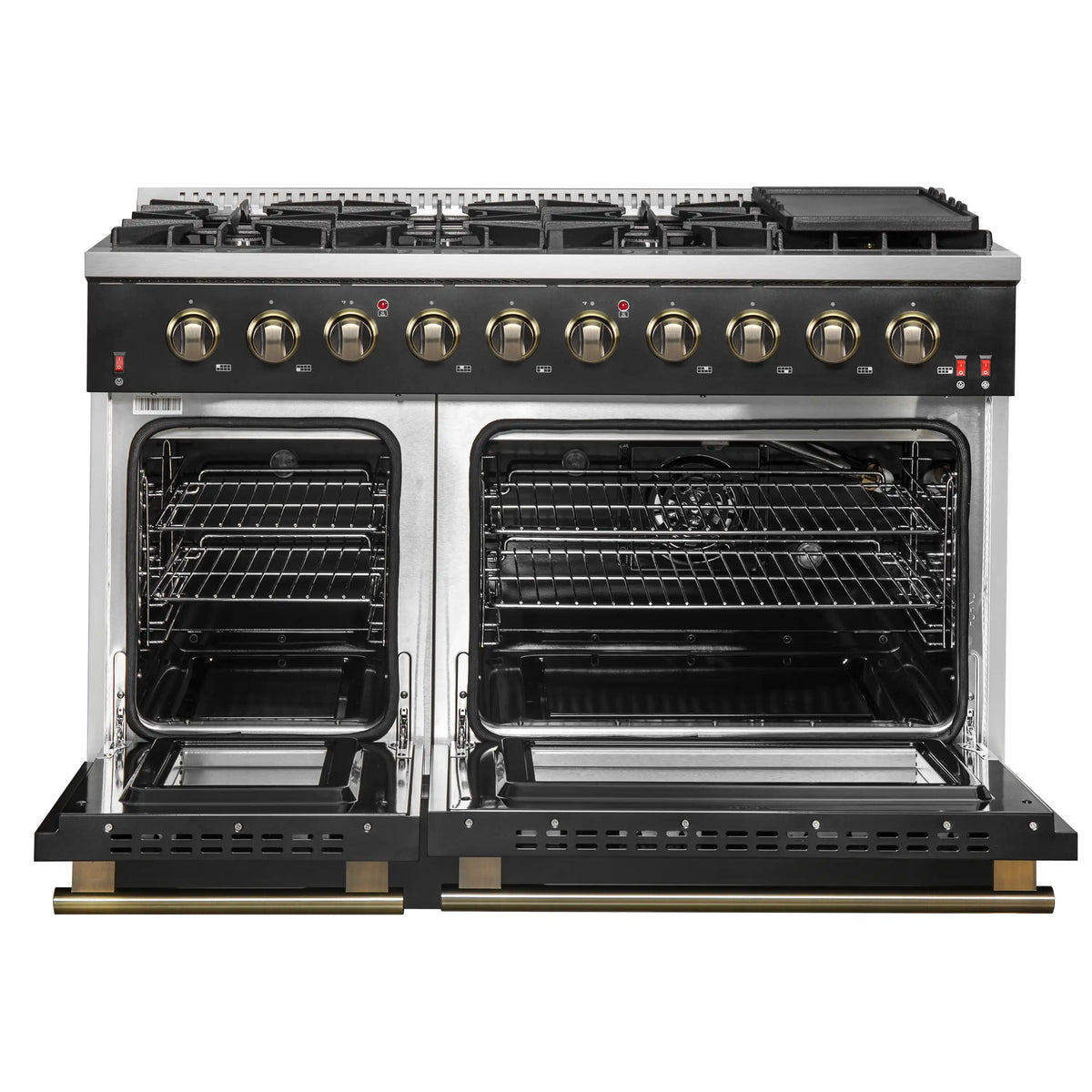 Black gas range with two open ovens and brass control knobs on front