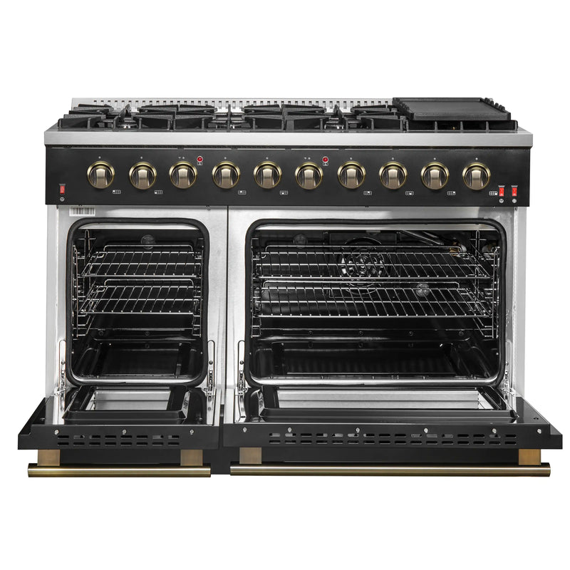 Forno Galiano 5-Piece Appliance Package - 48-Inch Gas Range, 48-Inch Hood, 36-Inch Refrigerator, 24-Inch Dishwasher, & 30-Inch Microwave Oven in Black with Antique Brass Trim
