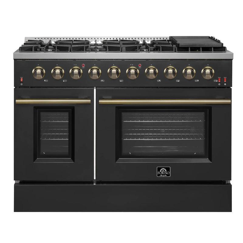 Forno Galiano 5-Piece Appliance Package - 48-Inch Gas Range, 48-Inch Hood, 36-Inch Refrigerator, 24-Inch Dishwasher, & 24-Inch Microwave Oven in Black with Antique Brass Trim